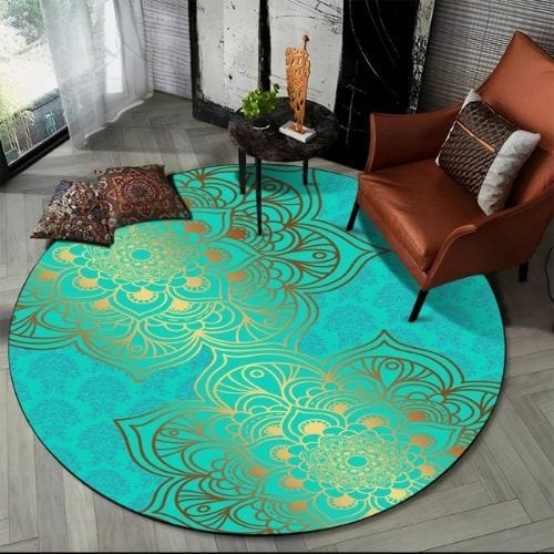Tapis de Sol | Bohème Moderne Méditation 3D Mandala - Tapinna® Doré Turquoise / Rond / Diamètre 60cm