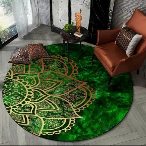 Tapis de Sol | Bohème Moderne Méditation 3D Mandala - Tapinna® Doré Vert / Rond / Diamètre 60cm