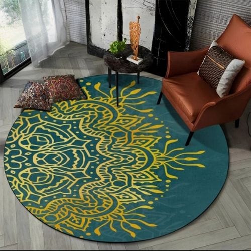 Tapis de Sol | Bohème Moderne Méditation 3D Mandala - Tapinna® Doré Vert / Rond / Diamètre 60cm