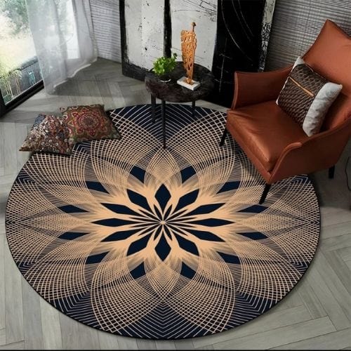Tapis de Sol | Bohème Moderne Méditation 3D Mandala - Tapinna® Marron / Rond / Diamètre 60cm