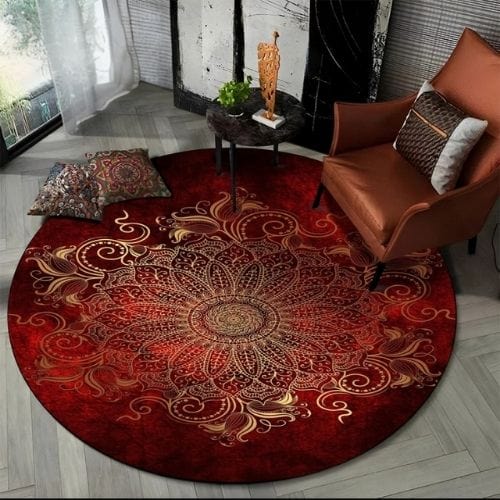 Tapis de Sol | Bohème Moderne Méditation 3D Mandala - Tapinna® Rouge / Rond / Diamètre 60cm