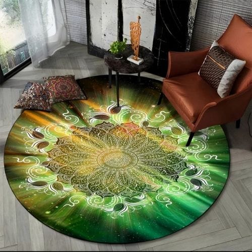 Tapis de Sol | Bohème Moderne Méditation 3D Mandala - Tapinna® Vert / Rond / Diamètre 60cm