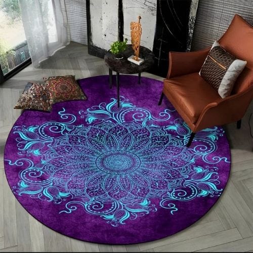 Tapis de Sol | Bohème Moderne Méditation 3D Mandala - Tapinna® Violet / Rond / Diamètre 60cm