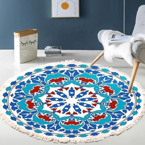 Tapis de Sol | Moderne Bohème Oriental Tressé Mandala - Tapinna® Bleu / Rond / Diamètre 60cm