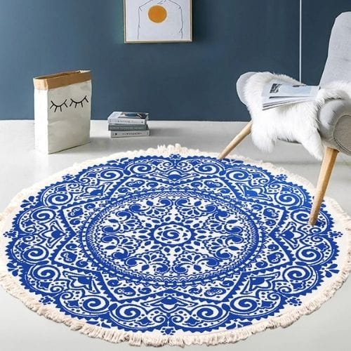 Tapis de Sol | Moderne Bohème Oriental Tressé Mandala - Tapinna® Bleu / Rond / Diamètre 60cm