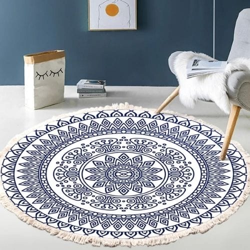 Tapis de Sol | Moderne Bohème Oriental Tressé Mandala - Tapinna® Bleu / Rond / Diamètre 60cm