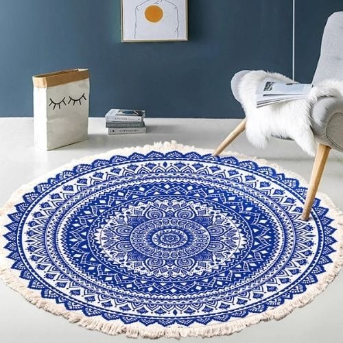 Tapis de Sol | Moderne Bohème Oriental Tressé Mandala - Tapinna® Bleu / Rond / Diamètre 60cm