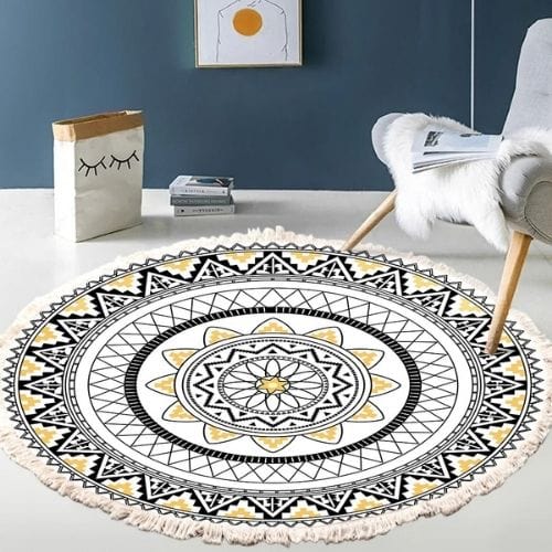 Tapis de Sol | Moderne Bohème Oriental Tressé Mandala - Tapinna® Jaune Noir et Blanc / Rond / Diamètre 60cm
