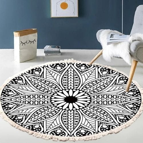 Tapis de Sol | Moderne Bohème Oriental Tressé Mandala - Tapinna® Noir et Blanc / Rond / Diamètre 60cm