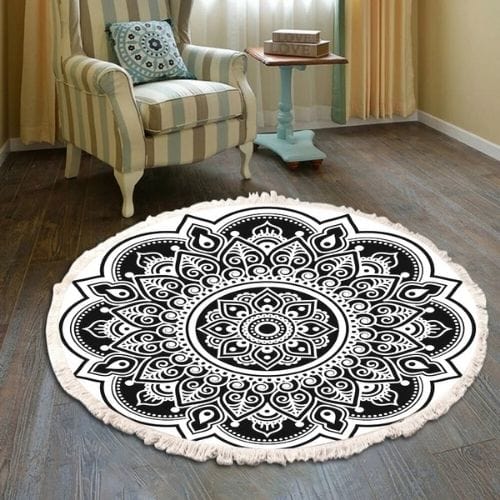 Tapis de Sol | Moderne Bohème Oriental Tressé Mandala - Tapinna® Noir et Blanc / Rond / Diamètre 60cm