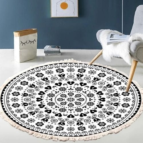 Tapis de Sol | Moderne Bohème Oriental Tressé Mandala - Tapinna® Noir et Blanc / Rond / Diamètre 60cm