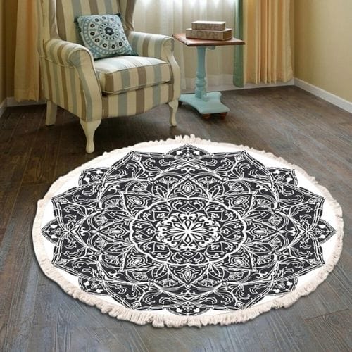 Tapis de Sol | Moderne Bohème Oriental Tressé Mandala - Tapinna® Noir et Blanc / Rond / Diamètre 60cm