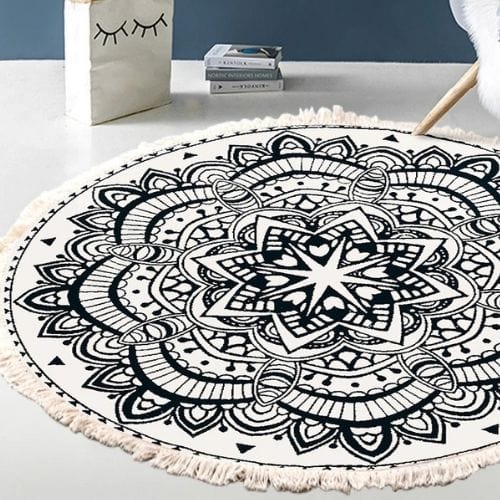 Tapis de Sol | Moderne Bohème Oriental Tressé Mandala - Tapinna® Noir et Blanc / Rond / Diamètre 60cm