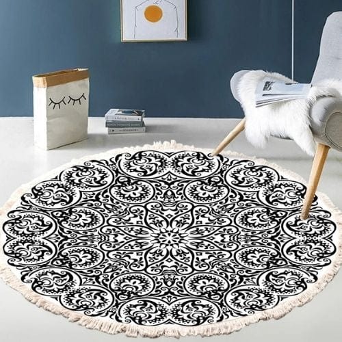 Tapis de Sol | Moderne Bohème Oriental Tressé Mandala - Tapinna® Noir et Blanc / Rond / Diamètre 60cm
