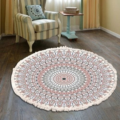 Tapis de Sol | Moderne Bohème Oriental Tressé Mandala - Tapinna® Rose / Rond / Diamètre 60cm