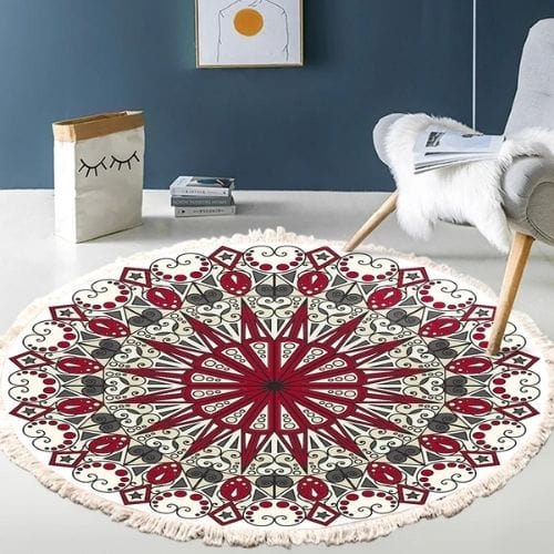 Tapis de Sol | Moderne Bohème Oriental Tressé Mandala - Tapinna® Rouge / Rond / Diamètre 60cm
