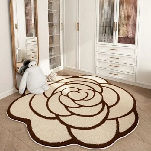Tapis de Sol | Moderne Forme Fleur Crème Française - Tapinna® Beige/Crème Marron / Fleur / 80x80cm