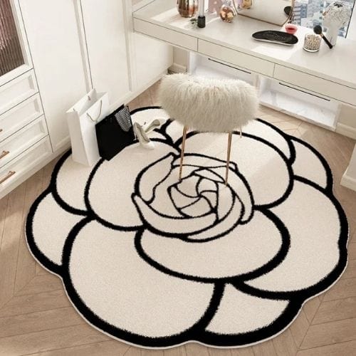 Tapis de Sol | Moderne Forme Fleur Crème Française - Tapinna® Beige/Crème Noir et Blanc / Fleur / 80x80cm
