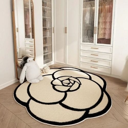 Tapis de Sol | Moderne Forme Fleur Crème Française - Tapinna® Beige/Crème Noir / Fleur / 80x80cm