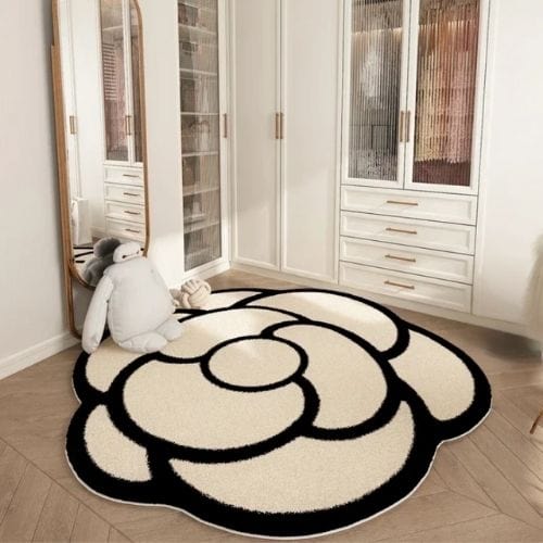 Tapis de Sol | Moderne Forme Fleur Crème Française - Tapinna® Beige/Crème Noir / Fleur / 80x80cm