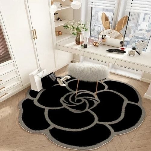 Tapis de Sol | Moderne Forme Fleur Crème Française - Tapinna® Crème Noir Marron / Fleur / 80x80cm