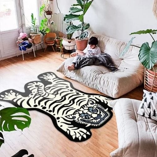 Tapis de Sol | Moderne Kilim Luxe Forme Tigre - Tapinna® Noir et Blanc / Animal / 60x90cm (Paillasson)