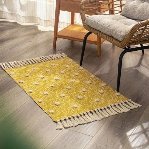 Tapis de Sol | Scandinave Oriental Bohème Berbère - Tapinna® Jaune / Rectangulaire / 60x90cm 20cm Pompom