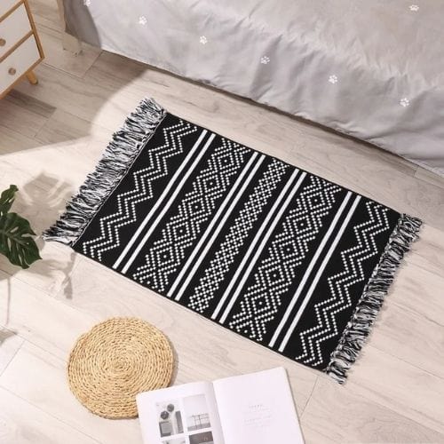 Tapis de Sol | Scandinave Oriental Bohème Berbère - Tapinna® Noir et Blanc / Rectangulaire / 60x90cm 20cm Pompom