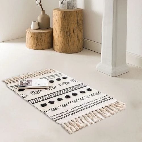 Tapis de Sol | Scandinave Oriental Bohème Berbère - Tapinna® Noir et Blanc / Rectangulaire / 60x90cm 20cm Pompom