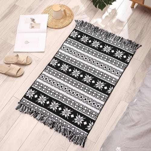 Tapis de Sol | Scandinave Oriental Bohème Berbère - Tapinna® Noir et Blanc / Rectangulaire / 60x90cm 20cm Pompom