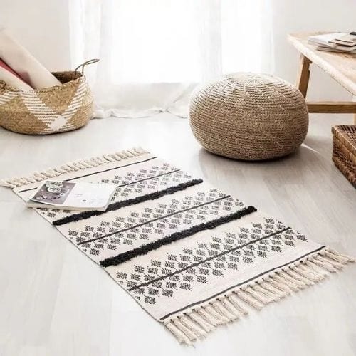 Tapis de Sol | Scandinave Oriental Bohème Berbère - Tapinna® Noir et Blanc / Rectangulaire / 60x90cm 20cm Pompom