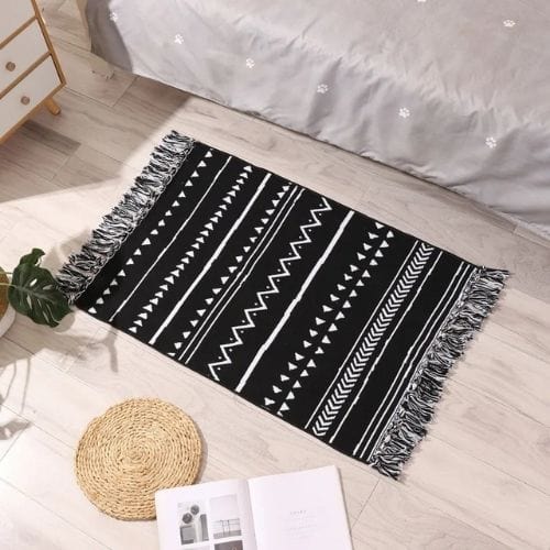 Tapis de Sol | Scandinave Oriental Bohème Berbère - Tapinna® Noir et Blanc / Rectangulaire / 60x90cm 20cm Pompom