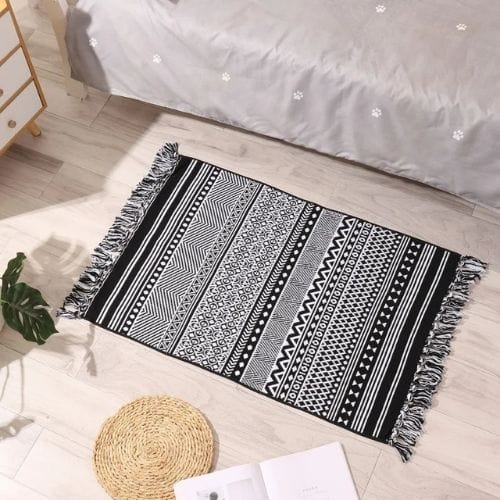 Tapis de Sol | Scandinave Oriental Bohème Berbère - Tapinna® Noir et Blanc / Rectangulaire / 60x90cm 20cm Pompom