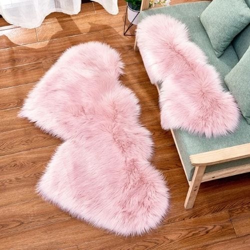 Tapis de Sol | Shaggy Uni Moderne Forme Double Cœur - Tapinna® Rose / Cœur / 35x70cm