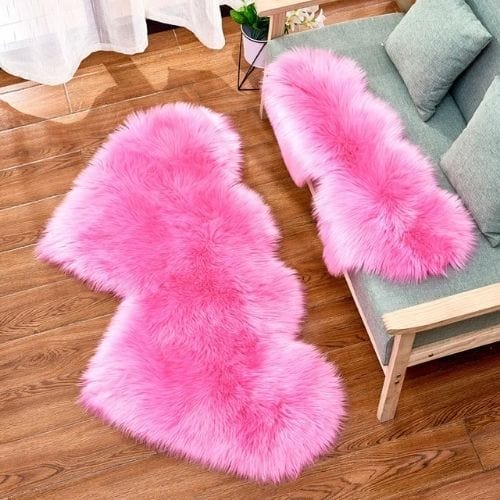Tapis de Sol | Shaggy Uni Moderne Forme Double Cœur - Tapinna® Rose / Cœur / 35x70cm