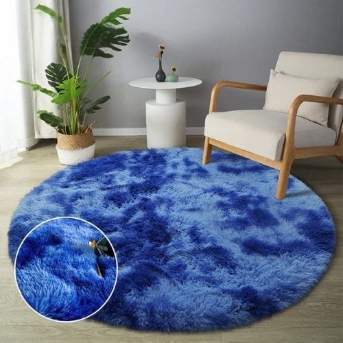 Tapis de Sol | Shaggy Uni Moderne Scandinave Poil Long - Tapinna® Bleu / Rond / Diamètre 60cm