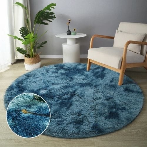 Tapis de Sol | Shaggy Uni Moderne Scandinave Poil Long - Tapinna® Bleu / Rond / Diamètre 60cm