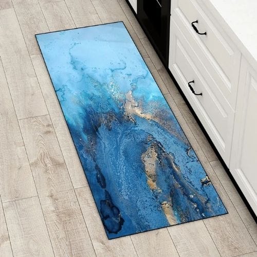 Tapis Salle à Manger | Luxe Motif Encre Marbre - Tapinna® Doré Bleu / Rectangulaire / 40x60cm (16x24 Pouces)
