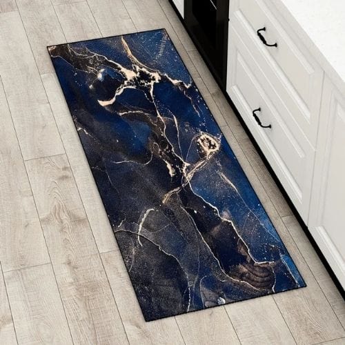 Tapis Salle à Manger | Luxe Motif Encre Marbre - Tapinna® Doré Bleu / Rectangulaire / 40x60cm (16x24 Pouces)