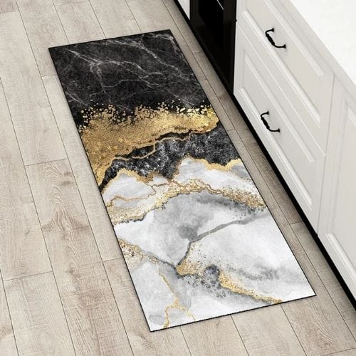 Tapis Salle à Manger | Luxe Motif Encre Marbre - Tapinna® Doré Noir et Blanc / Rectangulaire / 40x60cm (16x24 Pouces)