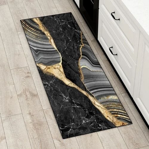 Tapis Salle à Manger | Luxe Motif Encre Marbre - Tapinna® Doré Noir / Rectangulaire / 40x60cm (16x24 Pouces)
