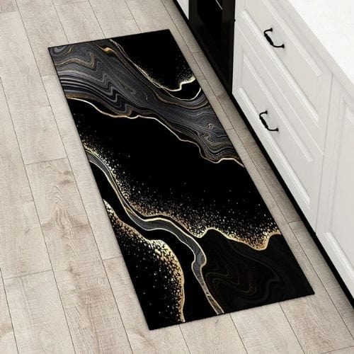 Tapis Salle à Manger | Luxe Motif Encre Marbre - Tapinna® Doré Noir / Rectangulaire / 40x60cm (16x24 Pouces)