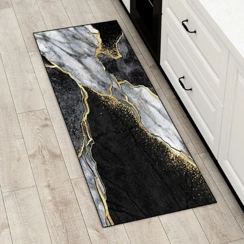 Tapis Salle à Manger | Luxe Motif Encre Marbre - Tapinna® Doré Noir / Rectangulaire / 40x60cm (16x24 Pouces)