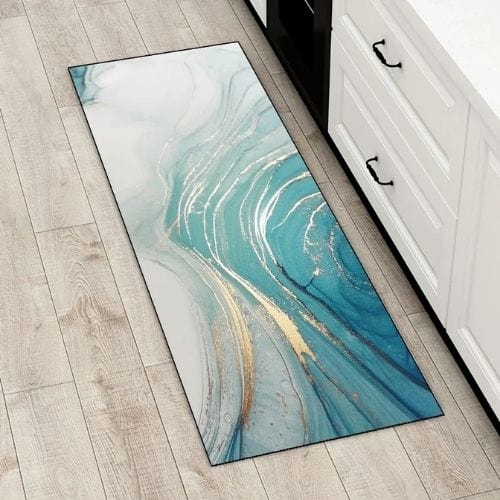 Tapis Salle à Manger | Luxe Motif Encre Marbre - Tapinna® Doré Turquoise / Rectangulaire / 40x60cm (16x24 Pouces)