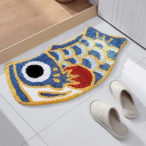 Tapis Salle de Bain | Poil Ras Forme Poisson - Tapinna® Bleu / Animal / 45x85cm